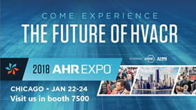 Blue banner promoting the AHR Expo in Chicago, Illinois that Delta Cooling Towers will be exhibiting our new Anti-Microbial Cooling Tower.