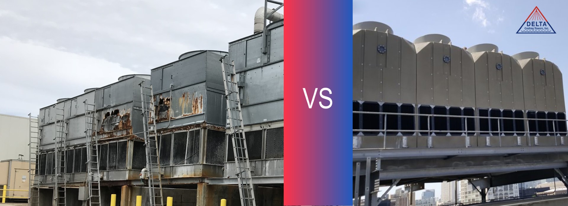 A comparison image of our competitors metal cooling towers rusting and causing damage to the cooling towers next to our plastic cooling tower without damage.  Between the two images is a red and blue gradient line to separate them.